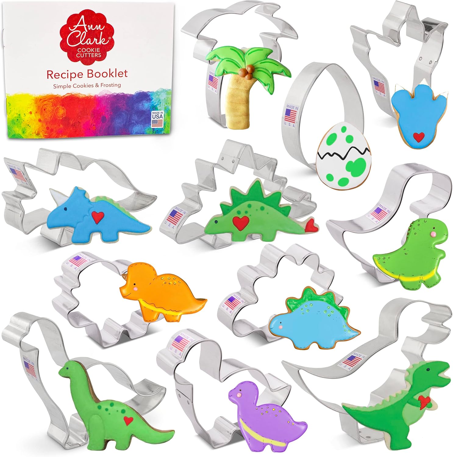 Ann Clark Cookie Cutters 11-Pc Dinosaur Set - Made in USA, T-Rex, Triceratops, Brontosaurus, Dino Egg