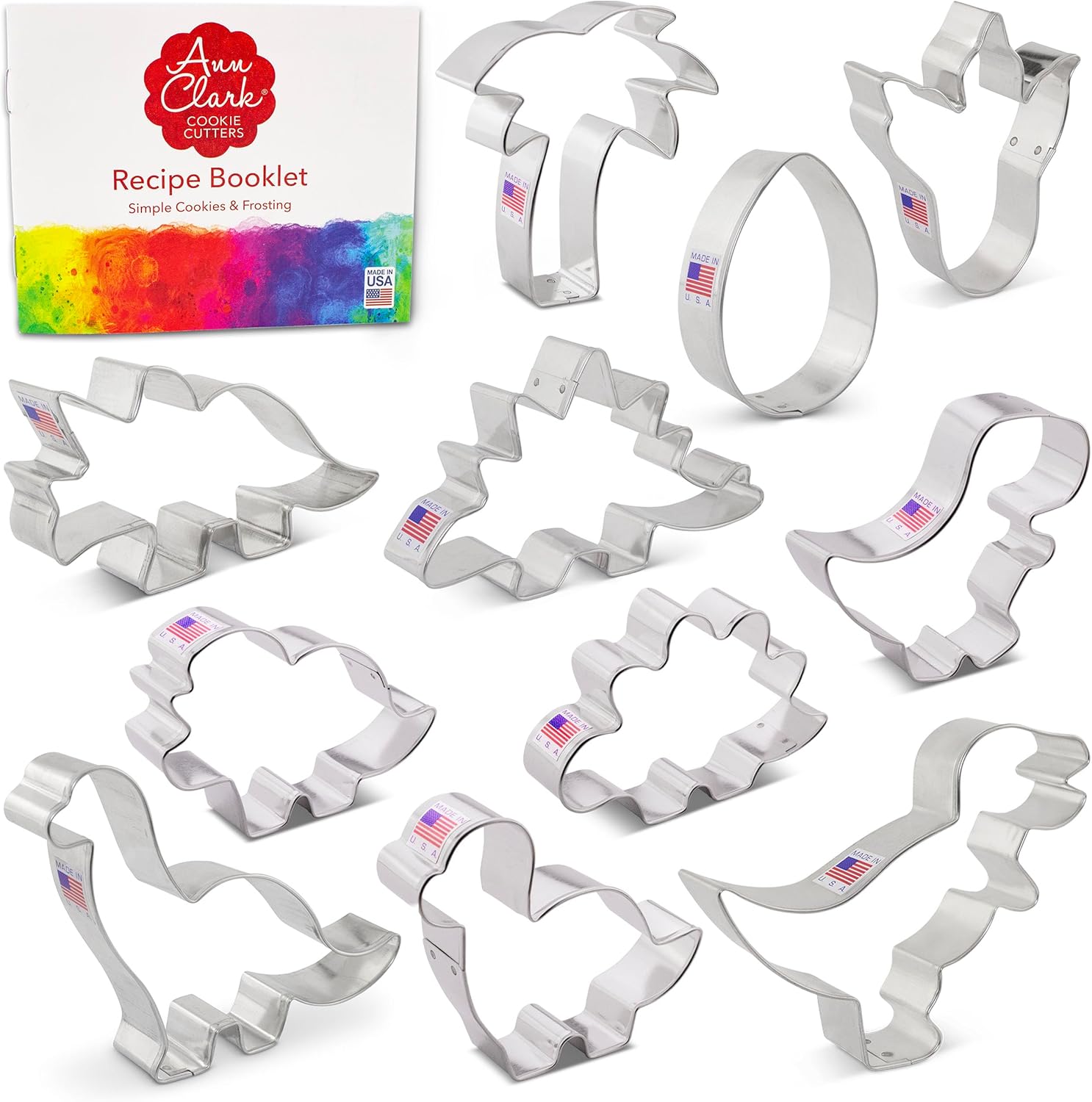 Ann Clark Cookie Cutters 11-Pc Dinosaur Set - Made in USA, T-Rex, Triceratops, Brontosaurus, Dino Egg