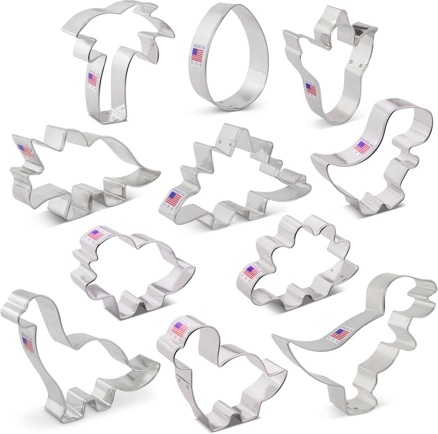 Ann Clark Cookie Cutters 11-Pc Dinosaur Set - Made in USA, T-Rex, Triceratops, Brontosaurus, Dino Egg