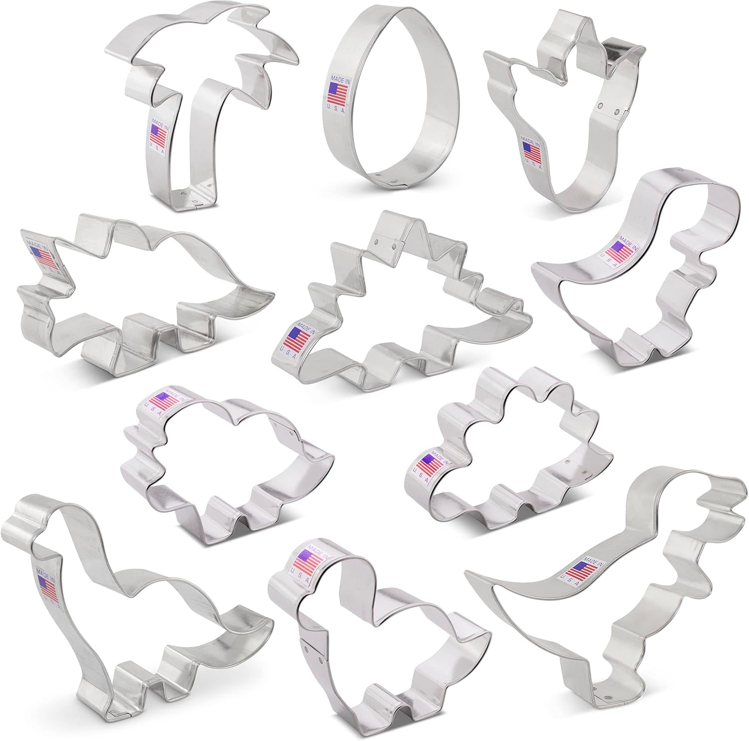 Ann Clark Cookie Cutters 11-Pc Dinosaur Set - Made in USA, T-Rex, Triceratops, Brontosaurus, Dino Egg