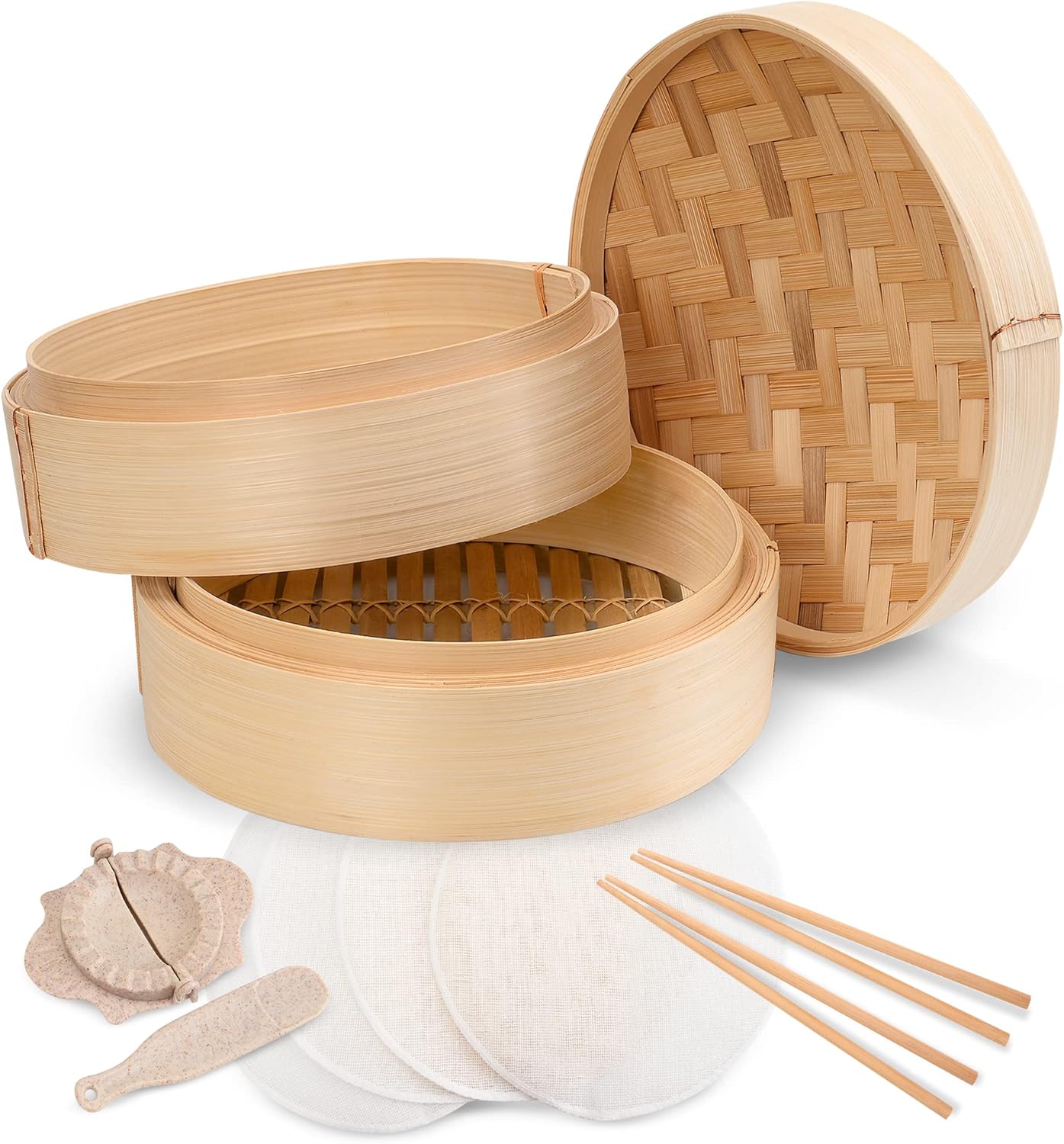 Annie's Kitchen Bamboo Steamer Set with Dumpling Maker, Cotton Liners, and Chopsticks - 10 Inch 2 Tiers for Cooking Rice, Vegetables, Fish, Meat, and Desserts