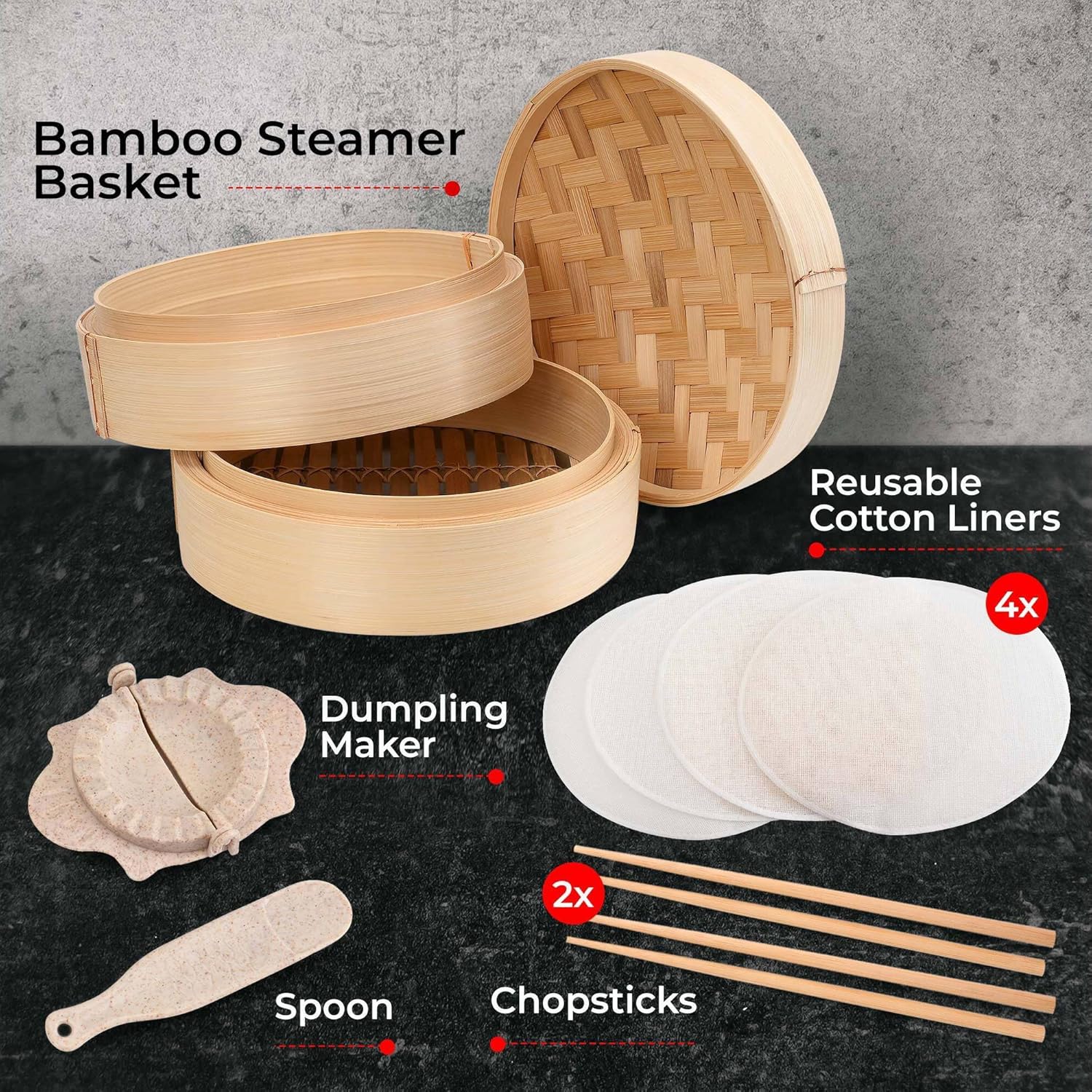 Annie's Kitchen Bamboo Steamer Set with Dumpling Maker, Cotton Liners, and Chopsticks - 10 Inch 2 Tiers for Cooking Rice, Vegetables, Fish, Meat, and Desserts