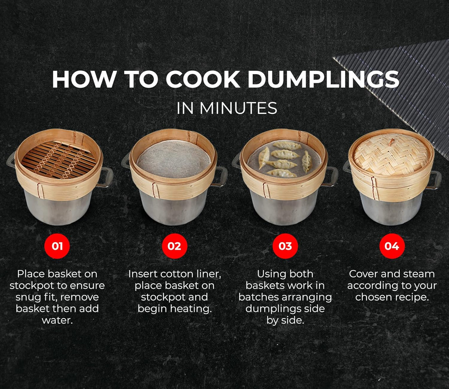 Annie's Kitchen Bamboo Steamer Set with Dumpling Maker, Cotton Liners, and Chopsticks - 10 Inch 2 Tiers for Cooking Rice, Vegetables, Fish, Meat, and Desserts