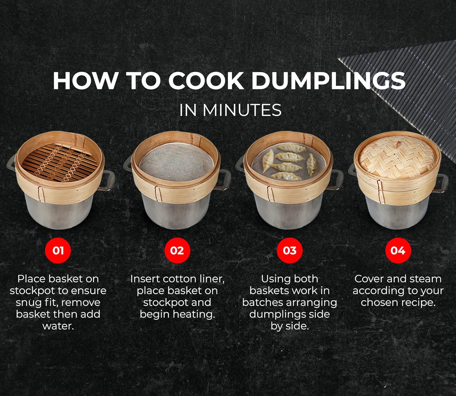 Annie's Kitchen Bamboo Steamer Set with Dumpling Maker, Cotton Liners, and Chopsticks - 10 Inch 2 Tiers for Cooking Rice, Vegetables, Fish, Meat, and Desserts