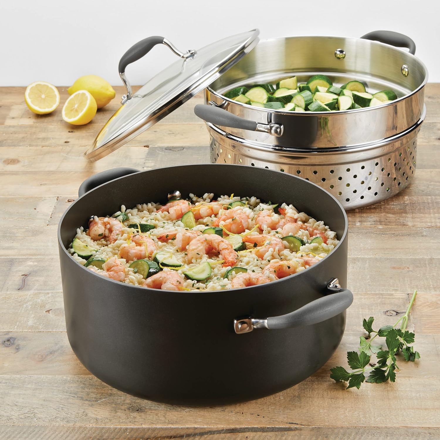 Anolon Advanced 8.5-Quart Hard-Anodized Dutch Oven Multi Steamer Set, Graphite - Versatile Cookware