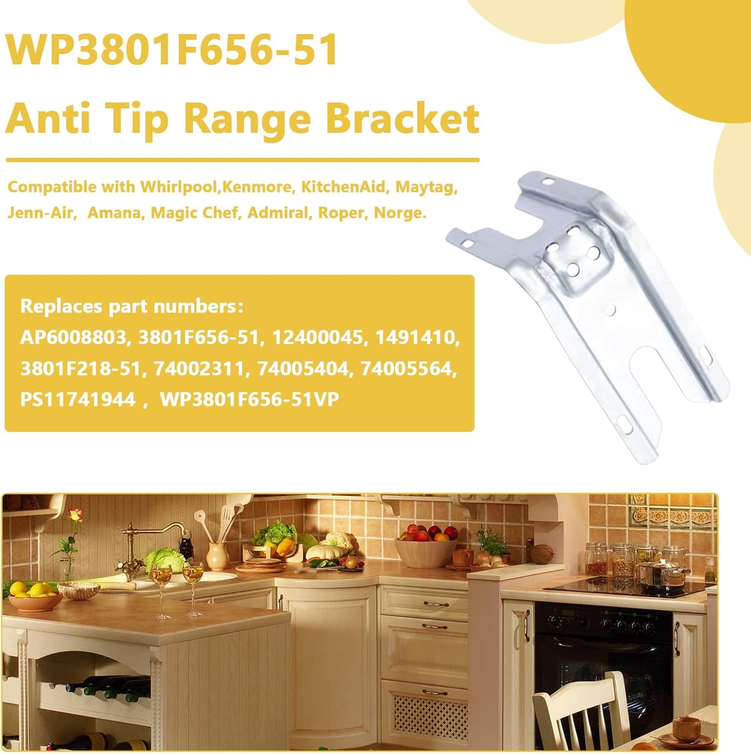 Anti Tip Bracket 3801F656-51 Compatible with Whirlpool, Kenmore, KitchenAid, Maytag Range - Replaces 12400045 65651 PS11741944 AP6008803 - Floor/Wall Mount - 1 Pack