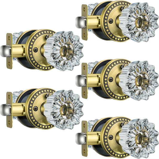 Antique Brass Crystal Glass Door Knobs with Lock, 5 Pack for Bedroom Bathroom - Vintage Calzibeno Interior Door Knob