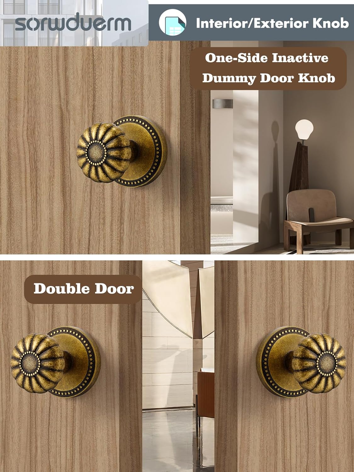 Antique Brass Decorative Dummy Door Knob Set - Single Sided Interior Handle, 2 Pack Zinc Alloy