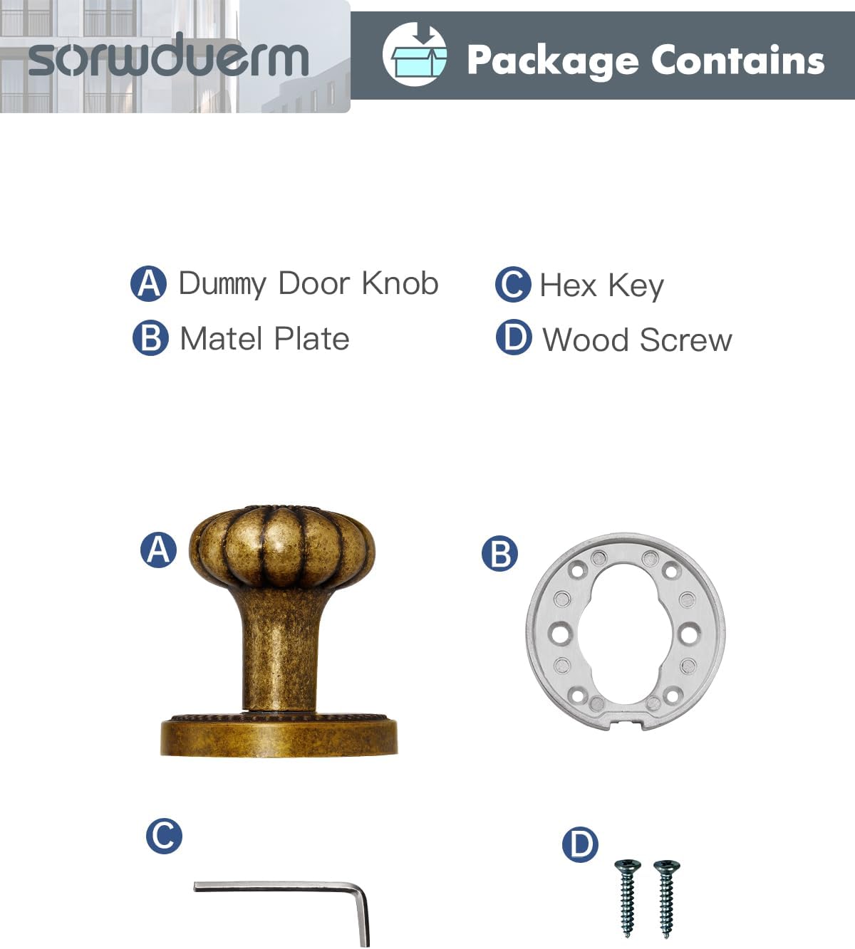 Antique Brass Decorative Dummy Door Knob Set - Single Sided Interior Handle, 2 Pack Zinc Alloy