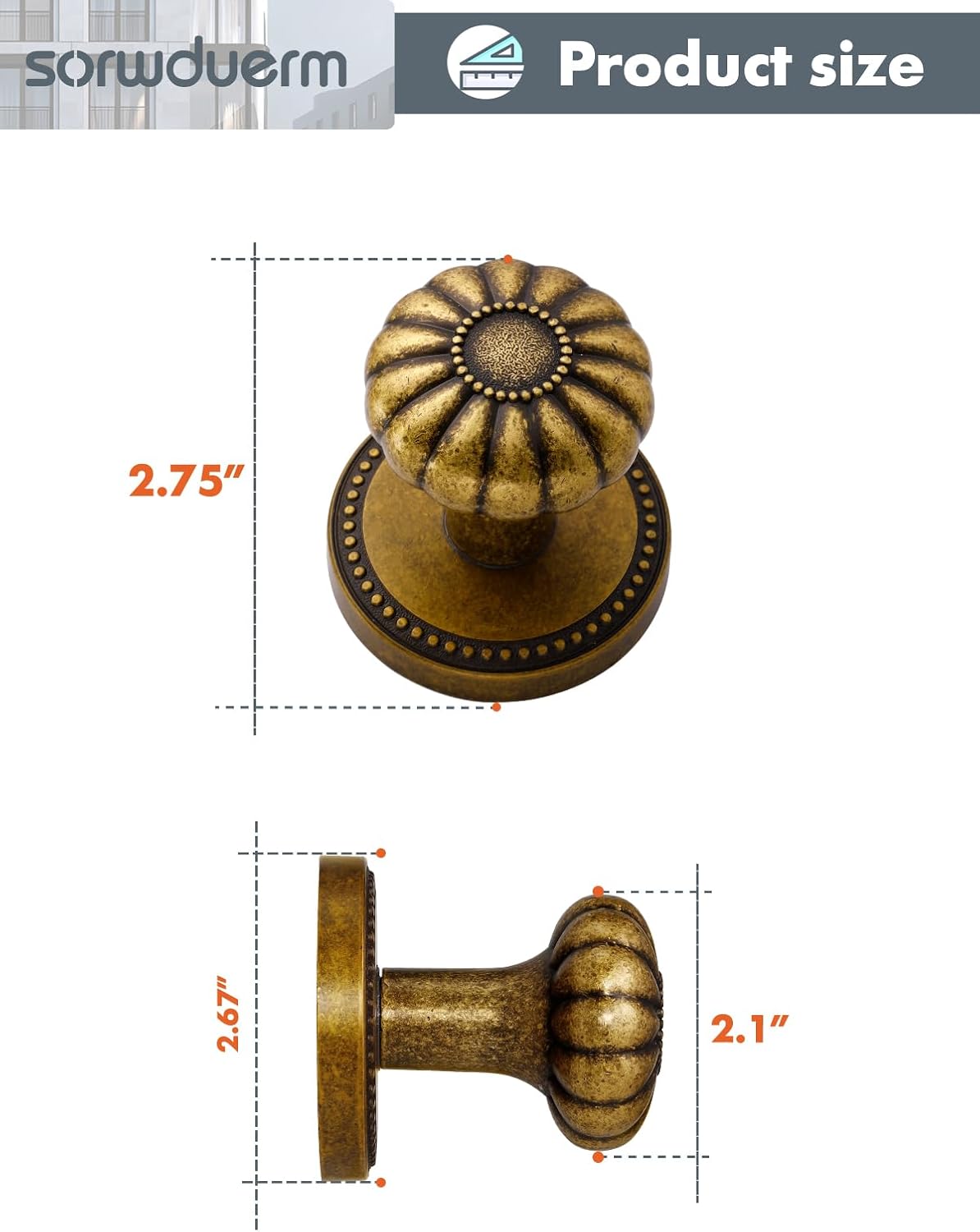 Antique Brass Decorative Dummy Door Knob Set - Single Sided Interior Handle, 2 Pack Zinc Alloy