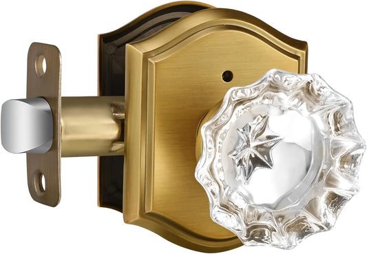 Antique Brass Glass Door Knobs with Lock for Bathroom and Bedroom - Vintage Crystal Interior Privacy Knob