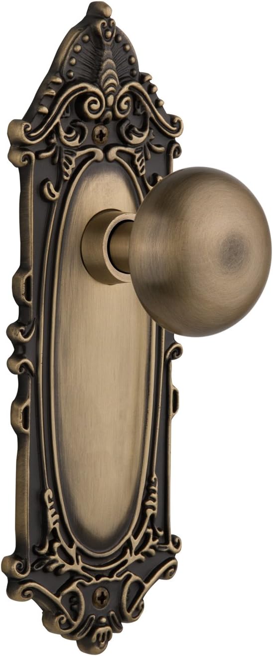 Antique Brass Passage Door Knob Set with Victorian Plate - 2.375" Size, New York Knob Style