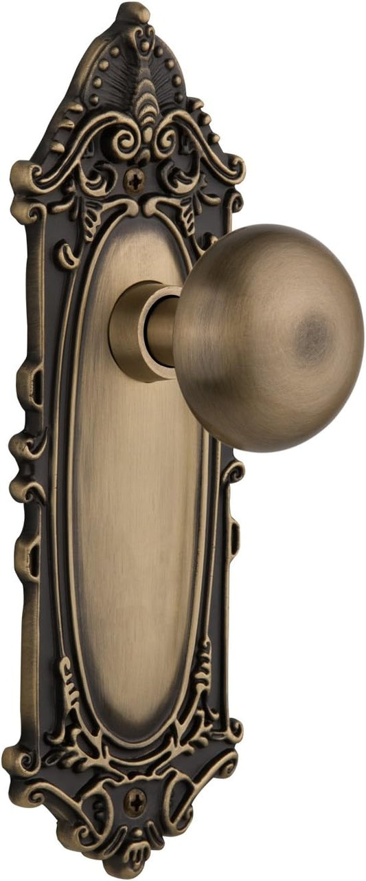 Antique Brass Passage Door Knob Set with Victorian Plate - 2.375" Size, New York Knob Style