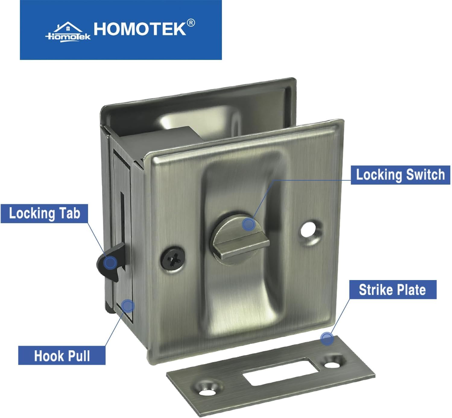 Antique Brass Privacy Sliding Door Lock with Pull - Easy Replacement for Old Pocket Door Hardware, 2-3/4”x2-1/2”, Fits 1-3/8” Thick Doors