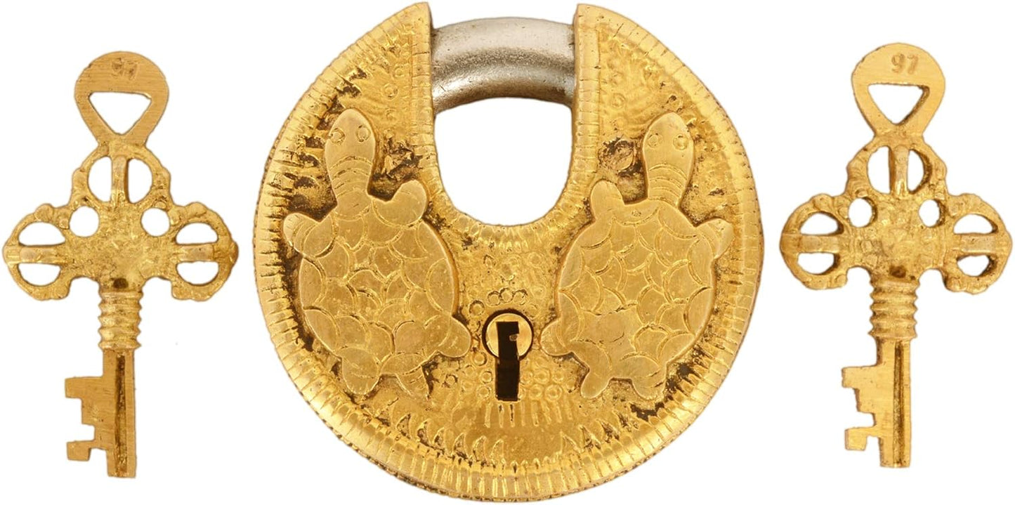 Antique Brass Turtle Padlock with Round Design: Feng Shui Vastu Collectible (11045)