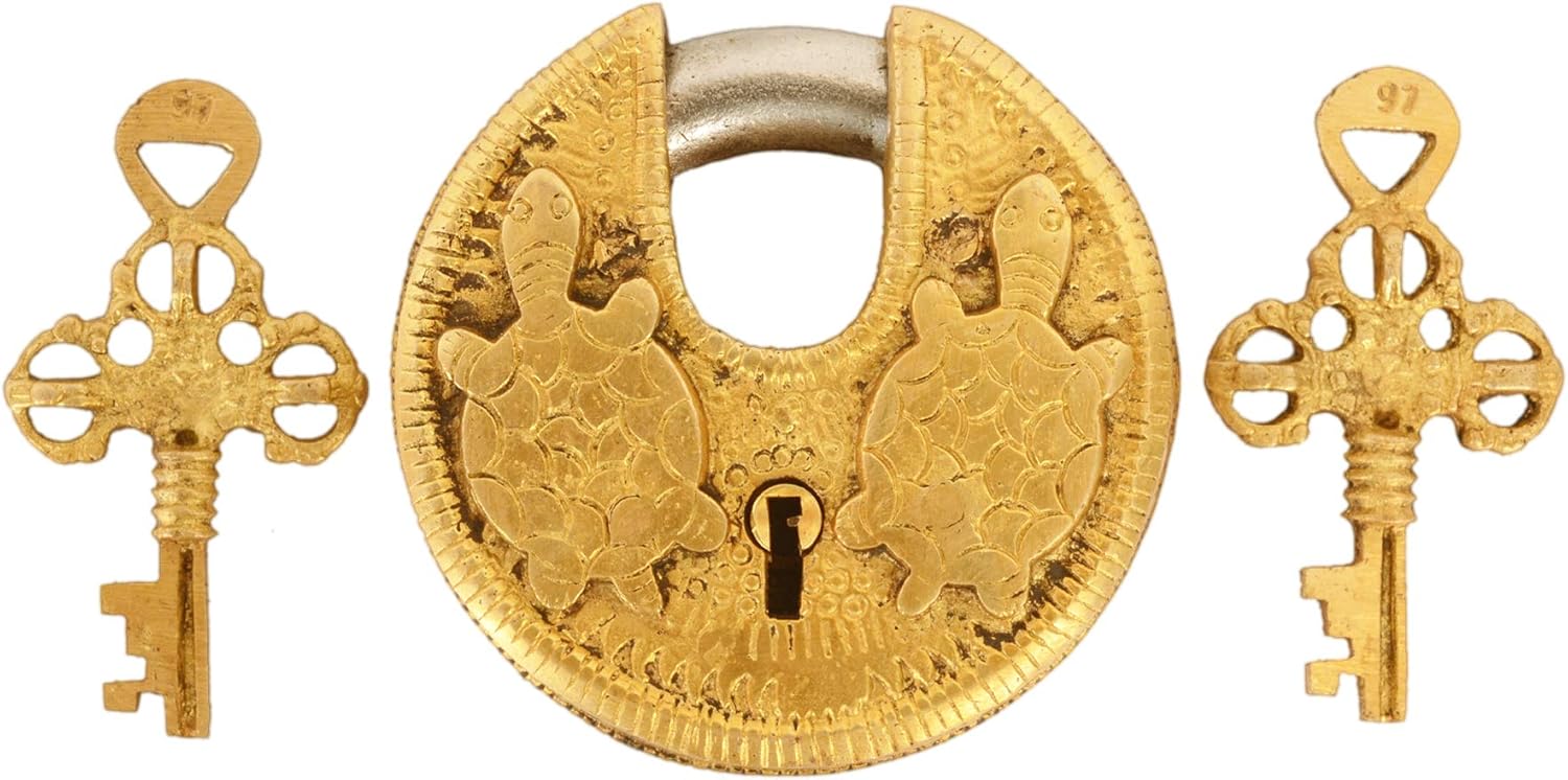 Antique Brass Turtle Padlock with Round Design: Feng Shui Vastu Collectible (11045)