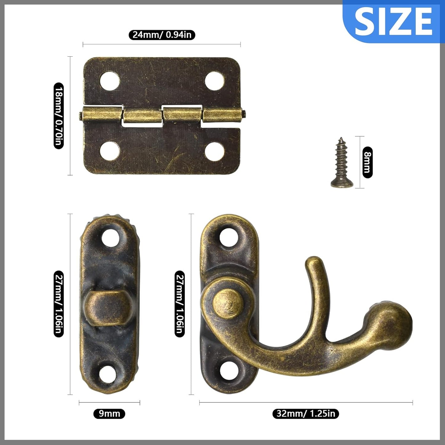 Antique Bronze Box Hinges and Latch Hook Hasp Kit for DIY Jewelry Cabinets and Small Wooden Boxes