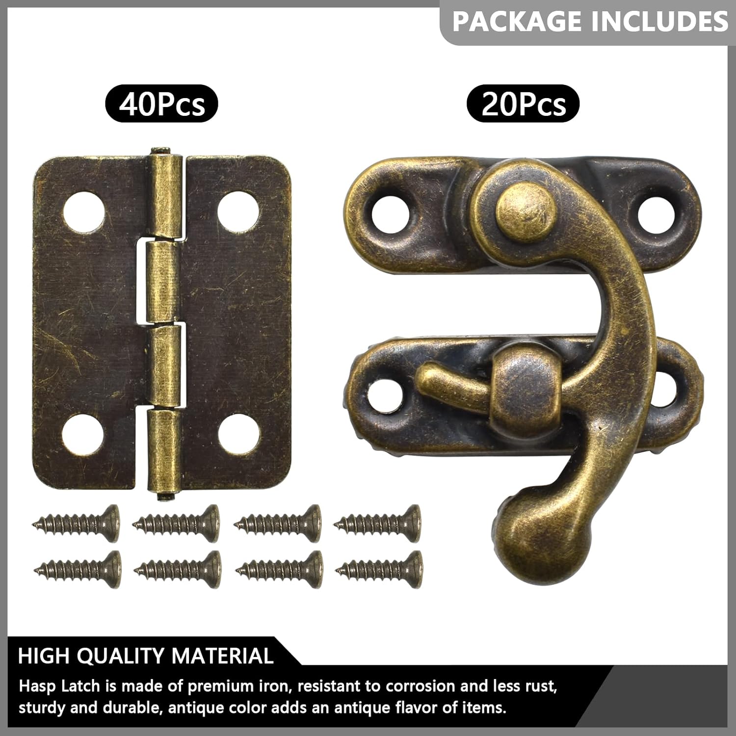 Antique Bronze Box Hinges and Latch Hook Hasp Kit for DIY Jewelry Cabinets and Small Wooden Boxes