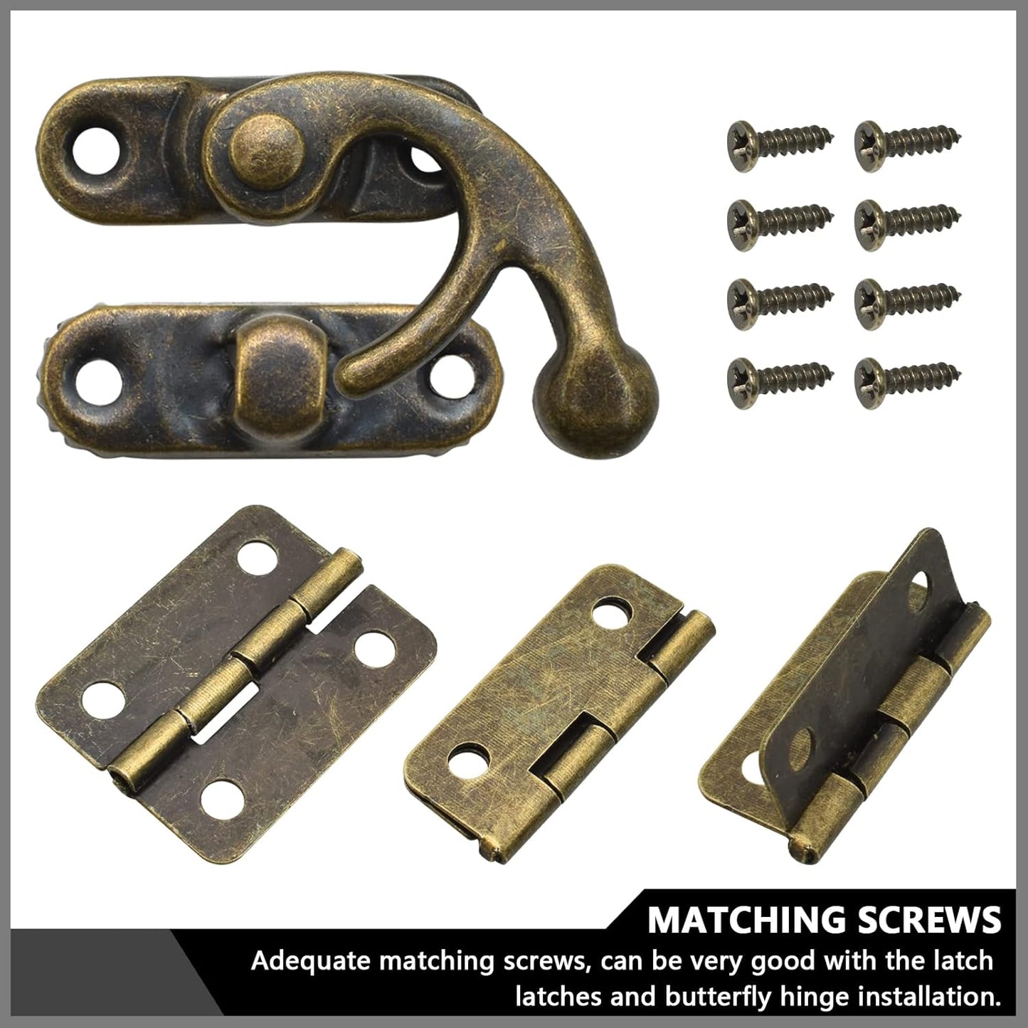 Antique Bronze Box Hinges and Latch Hook Hasp Kit for DIY Jewelry Cabinets and Small Wooden Boxes