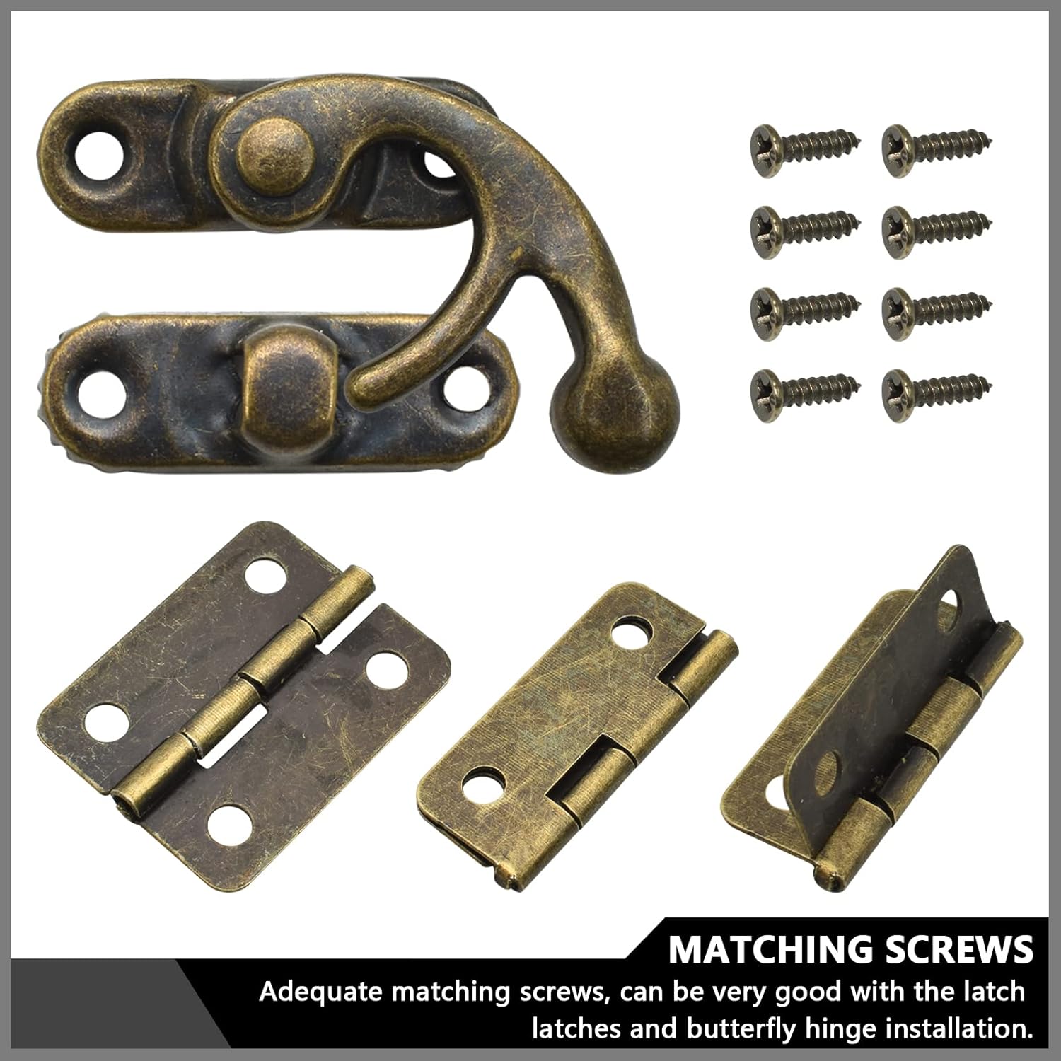 Antique Bronze Box Hinges and Latch Hook Hasp Kit for DIY Jewelry Cabinets and Small Wooden Boxes