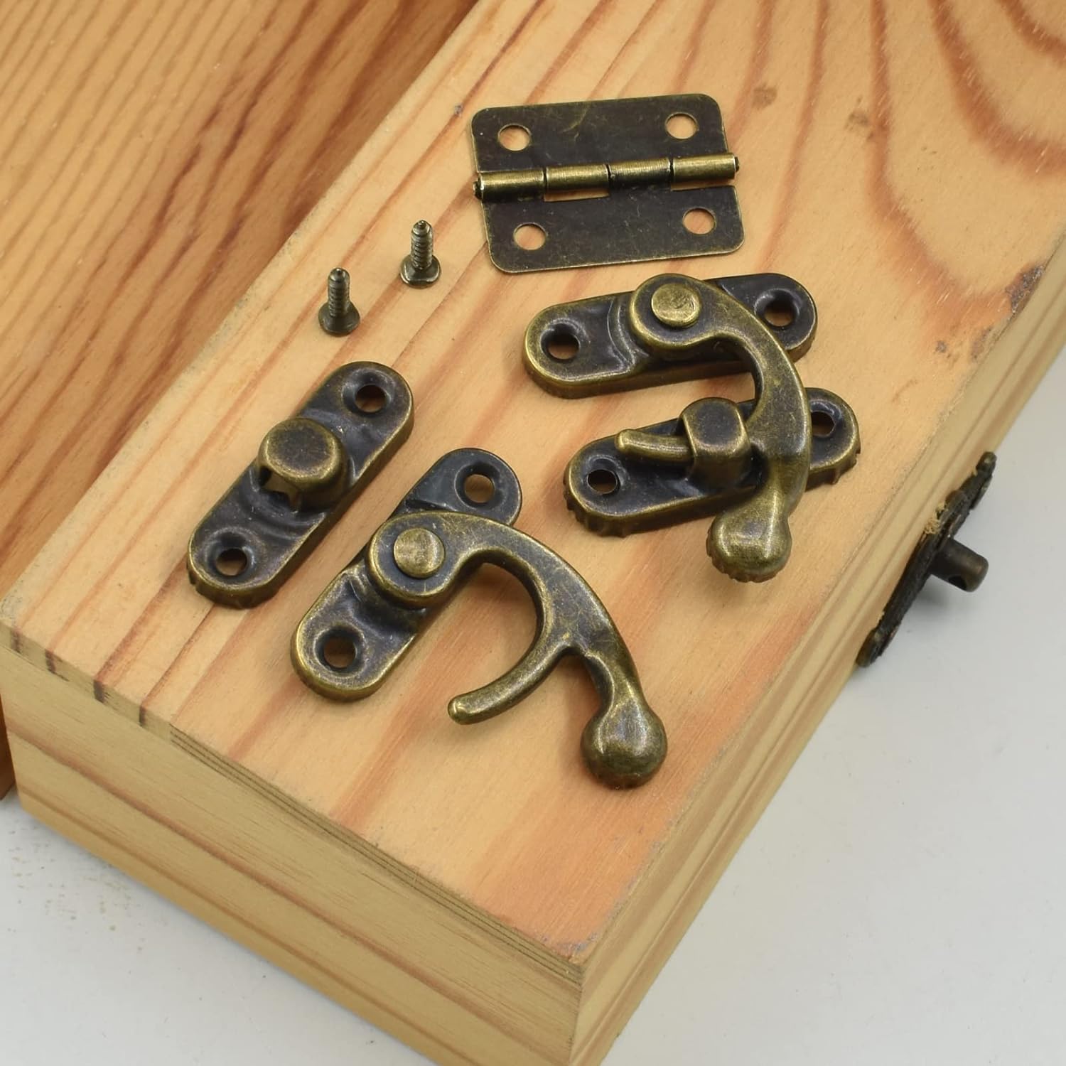 Antique Bronze Box Hinges and Latch Hook Hasp Kit for DIY Jewelry Cabinets and Small Wooden Boxes