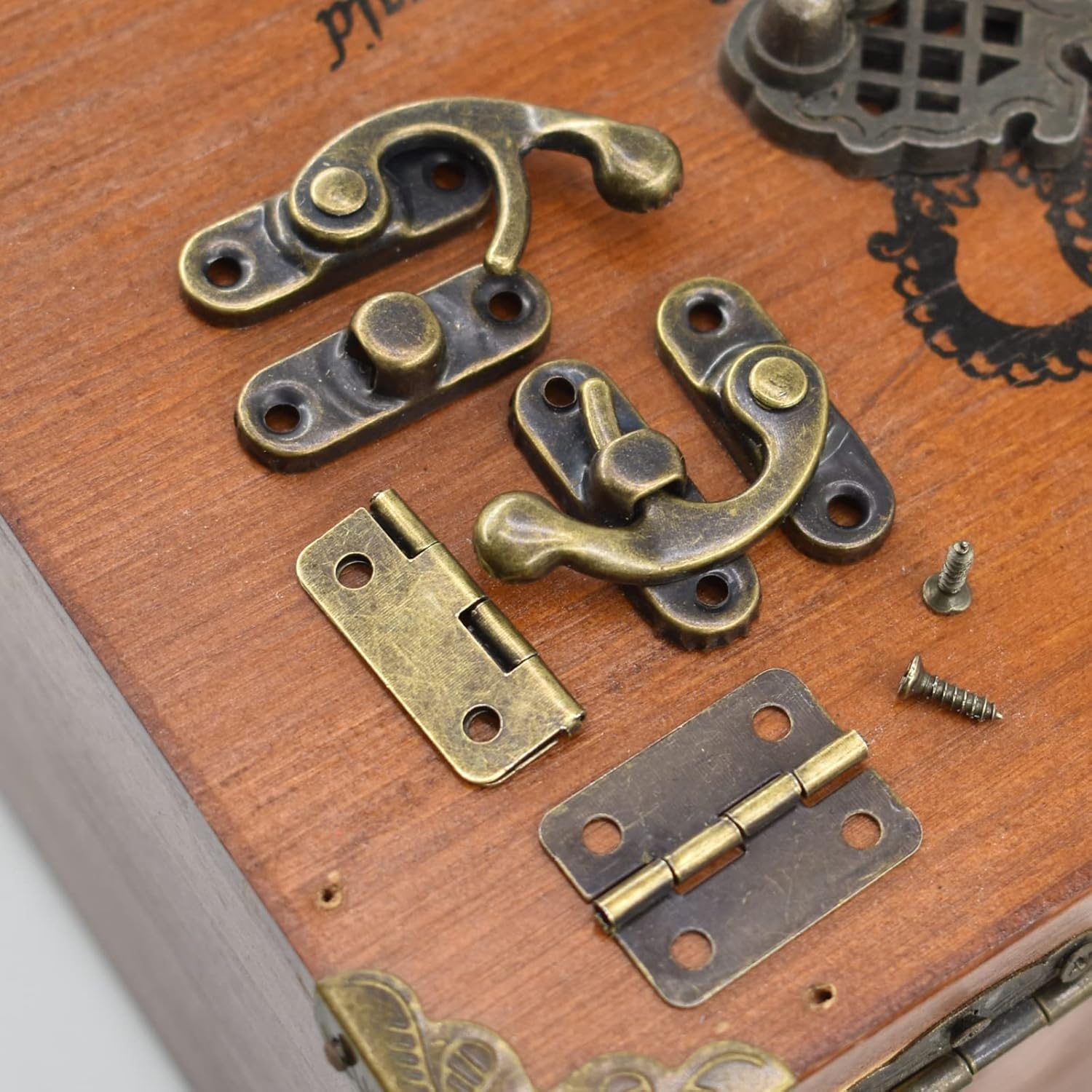 Antique Bronze Box Hinges and Latch Hook Hasp Kit for DIY Jewelry Cabinets and Small Wooden Boxes