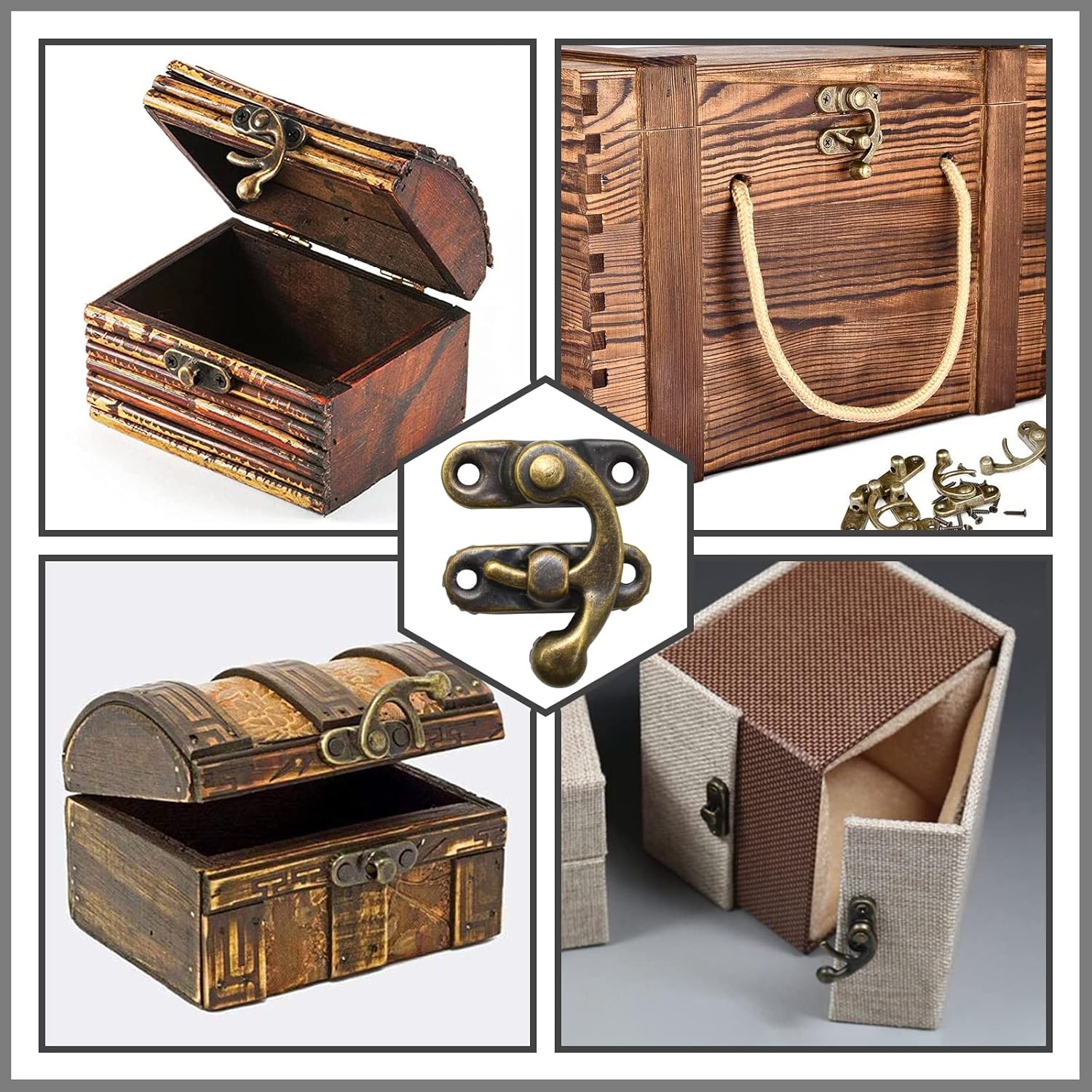 Antique Bronze Box Hinges and Latch Hook Hasp Kit for DIY Jewelry Cabinets and Small Wooden Boxes