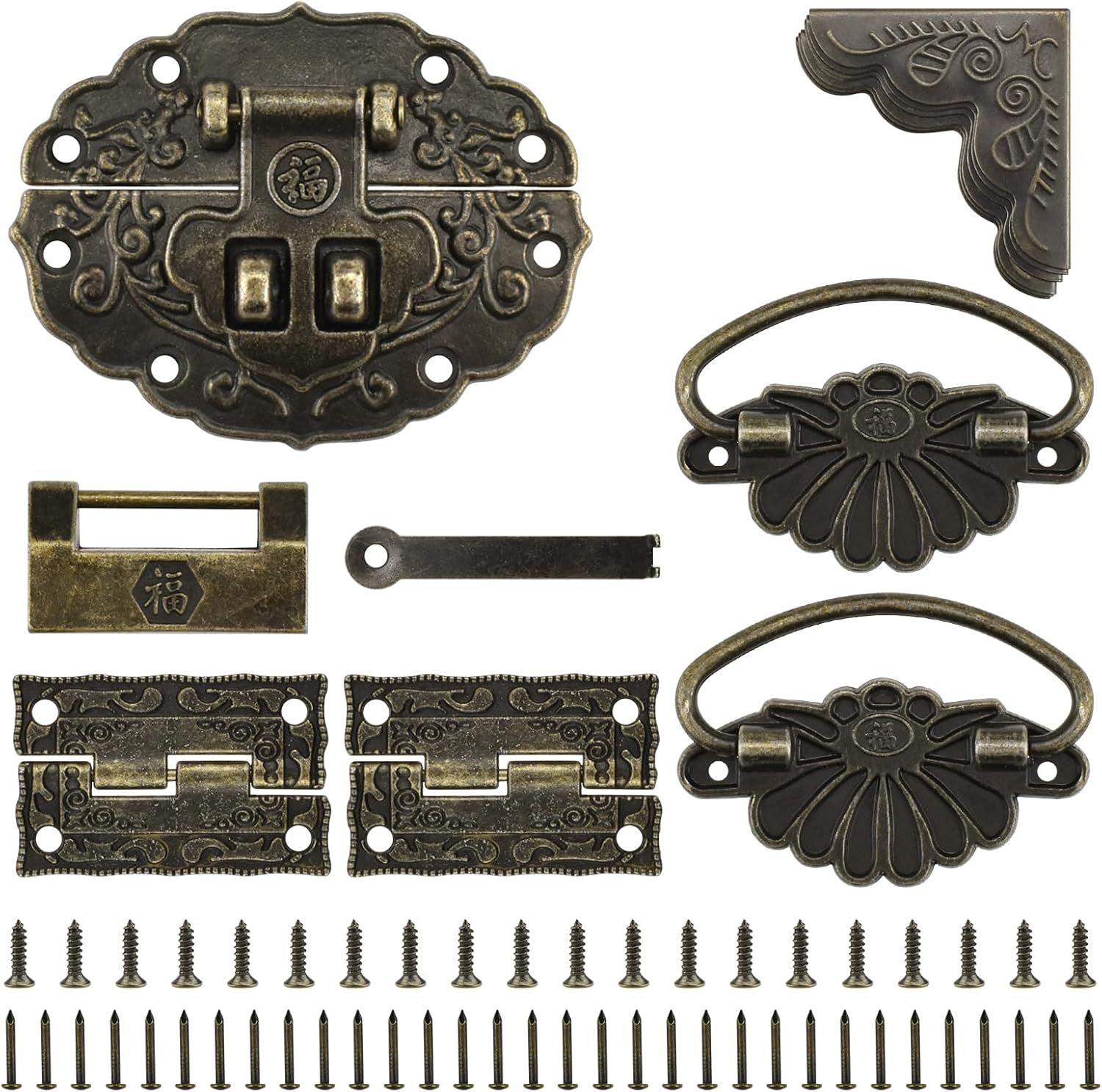 Antique Bronze Decorative Hardware Kit for Jewelry Box, Cabinet, Wooden Handcrafts - Includes Hasp Latch, Padlock, Hinges, Corner Protectors, Pull Handle, Screws