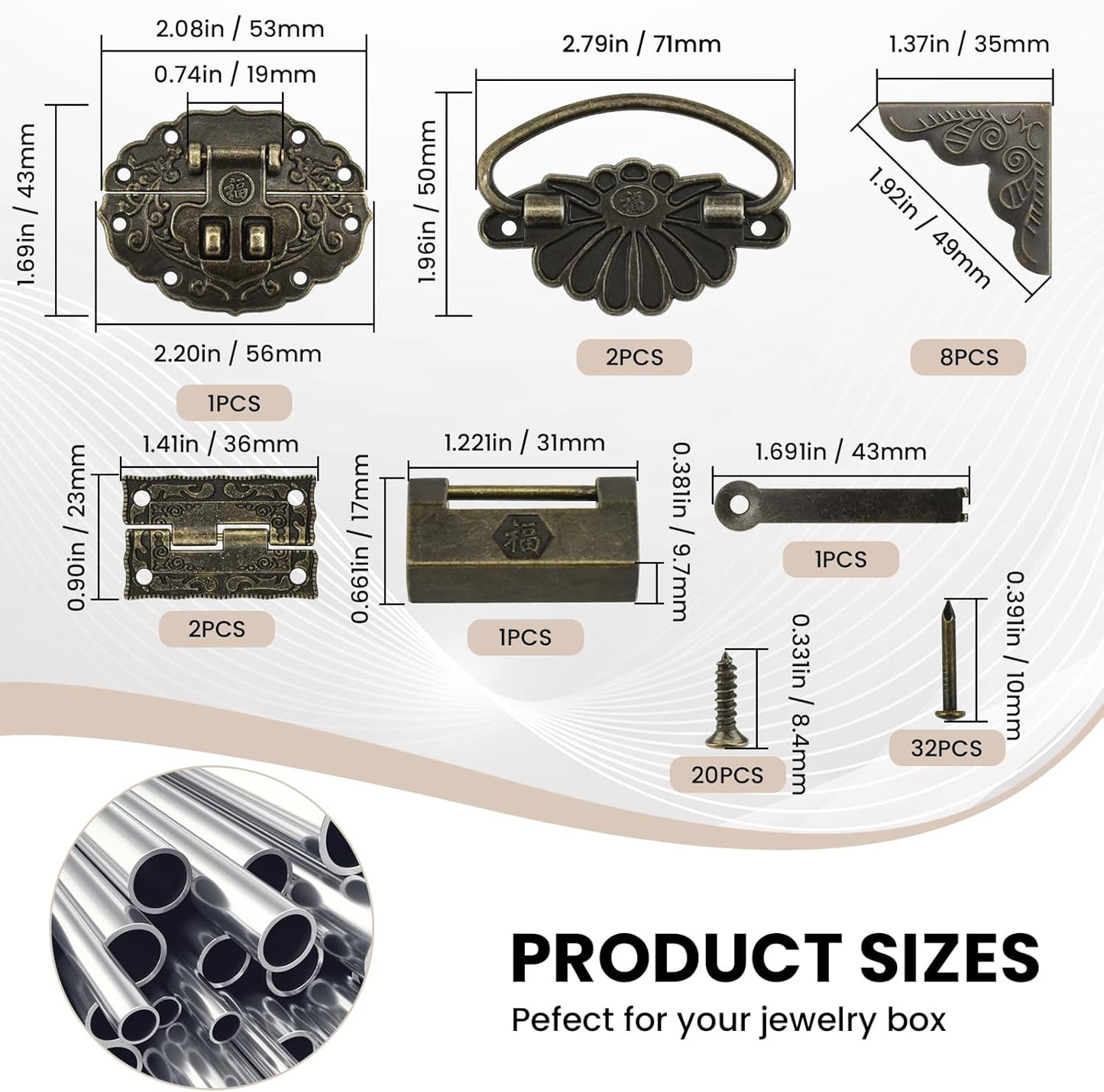 Antique Bronze Decorative Hardware Kit for Jewelry Box, Cabinet, Wooden Handcrafts - Includes Hasp Latch, Padlock, Hinges, Corner Protectors, Pull Handle, Screws