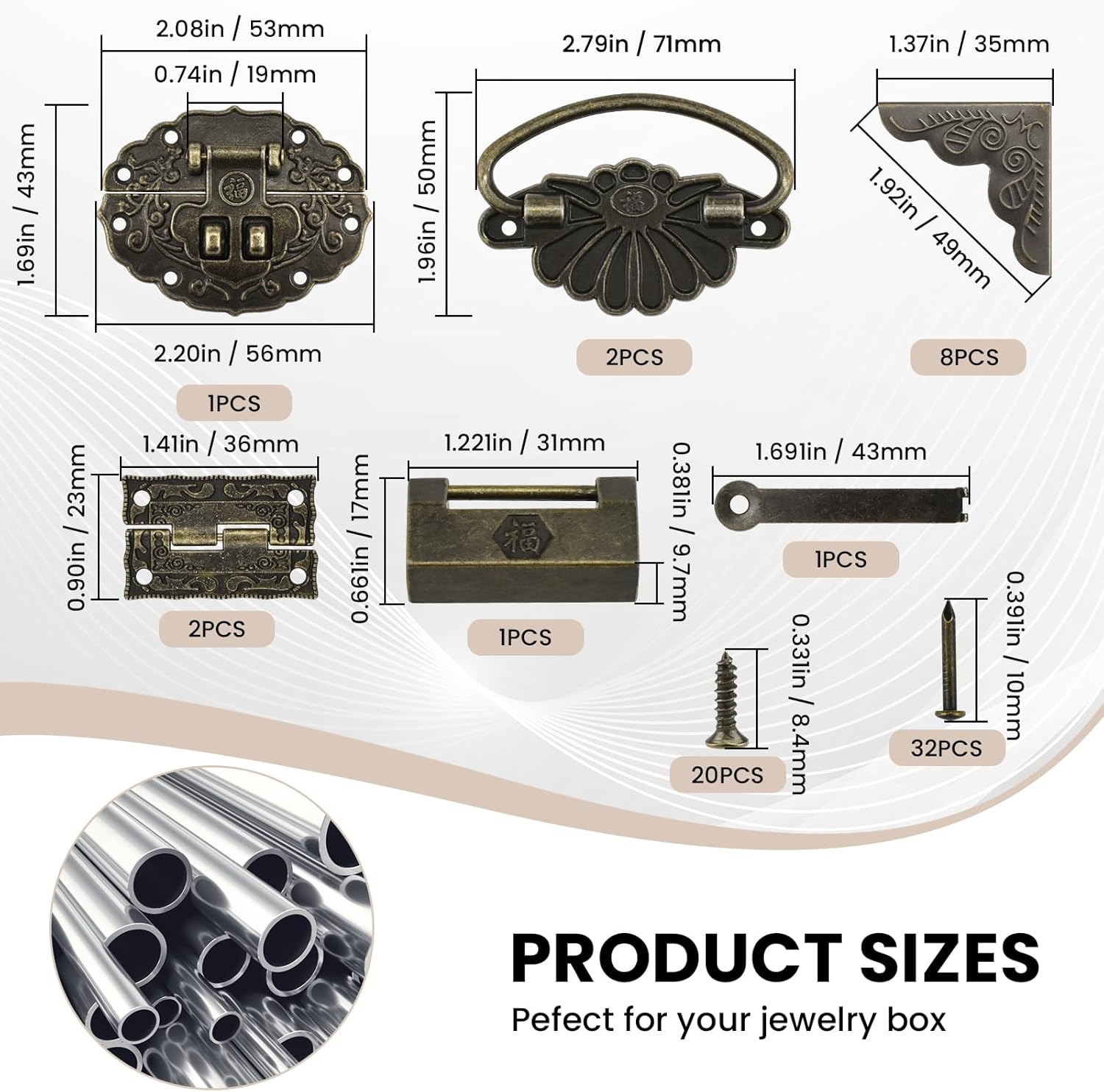 Antique Bronze Decorative Hardware Kit for Jewelry Box, Cabinet, Wooden Handcrafts - Includes Hasp Latch, Padlock, Hinges, Corner Protectors, Pull Handle, Screws