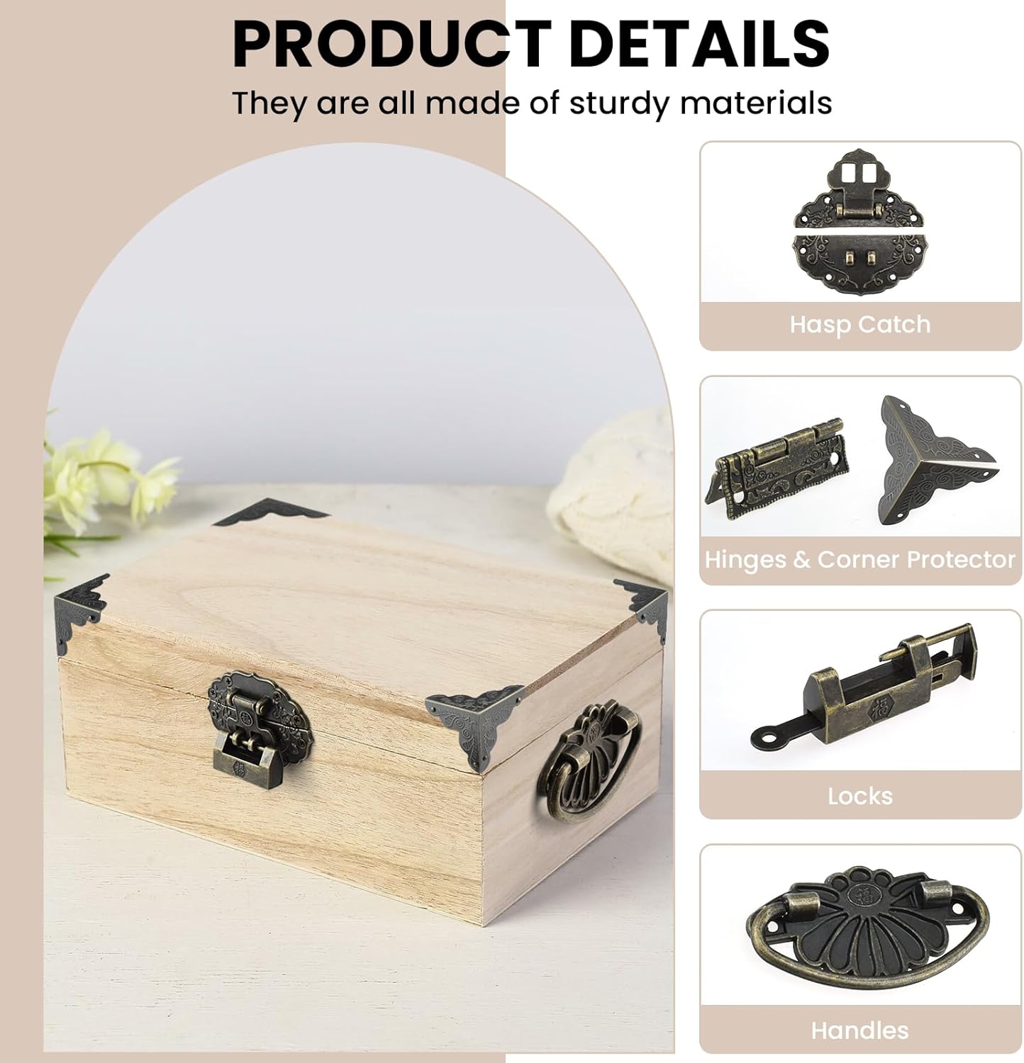 Antique Bronze Decorative Hardware Kit for Jewelry Box, Cabinet, Wooden Handcrafts - Includes Hasp Latch, Padlock, Hinges, Corner Protectors, Pull Handle, Screws