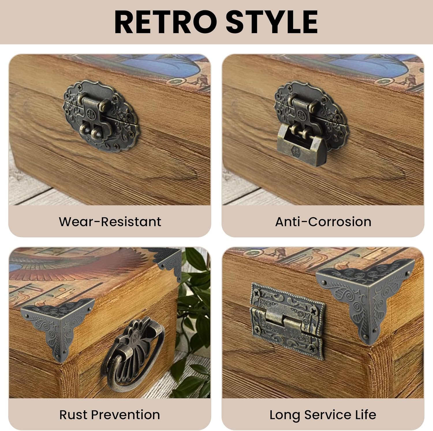 Antique Bronze Decorative Hardware Kit for Jewelry Box, Cabinet, Wooden Handcrafts - Includes Hasp Latch, Padlock, Hinges, Corner Protectors, Pull Handle, Screws