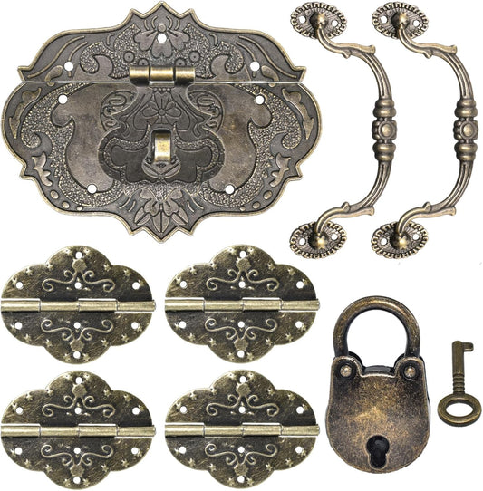 Antique Bronze Vintage Locking Carrying Handle Hinge Kit with Screws - Furniture Accessory for DIY Jewelry Box Decoration - WildKart