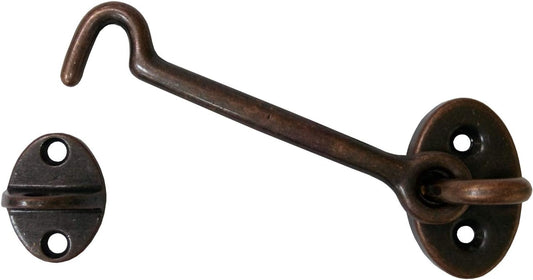 Antique Copper 4" Brass Door Hook Latch & Eye Set - Heavy Duty QCAA Design - Made in Taiwan - 1 Pack