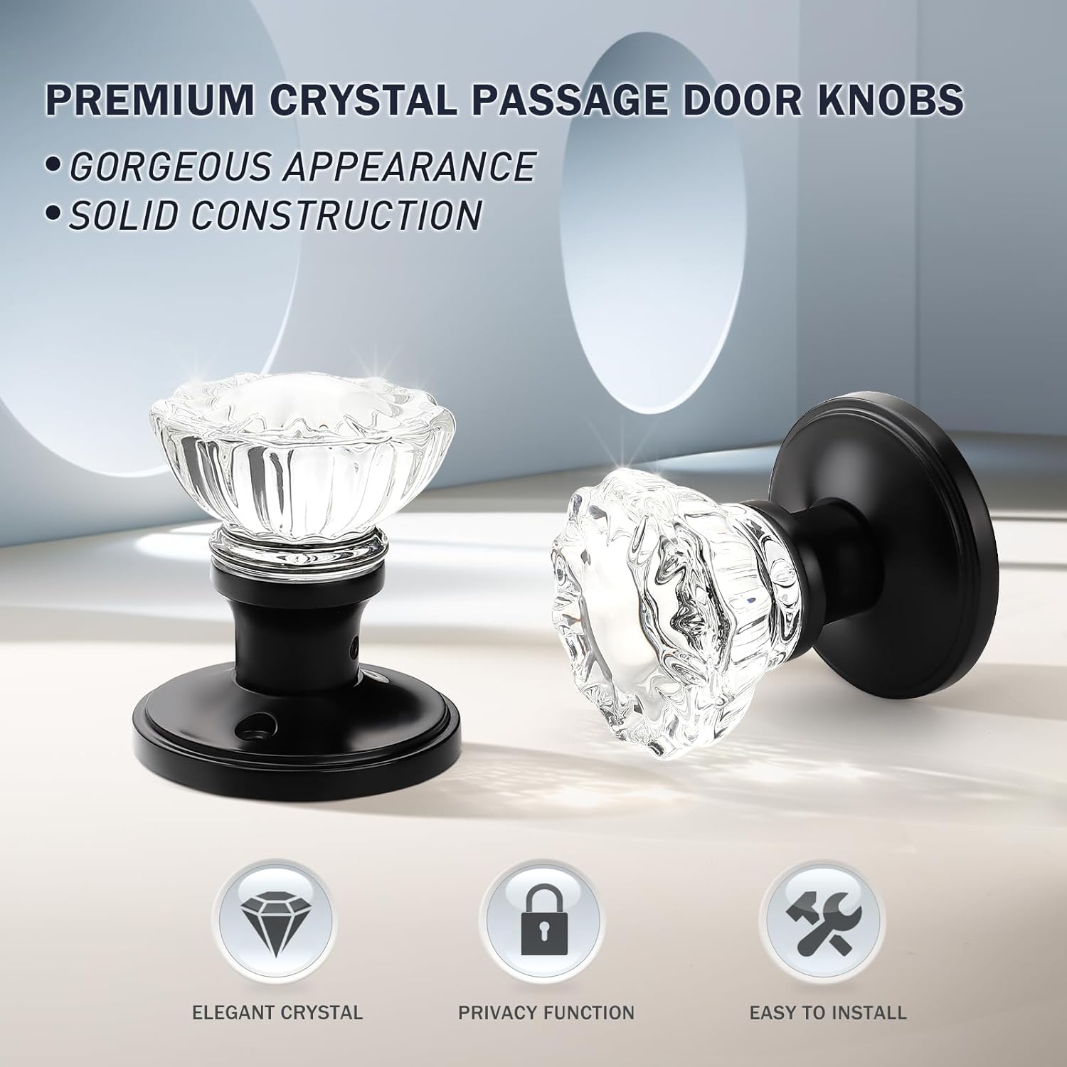 Antique Crystal Passage Glass Door Knobs Set for Hall and Closet - Matte Black Regency Fluted Design