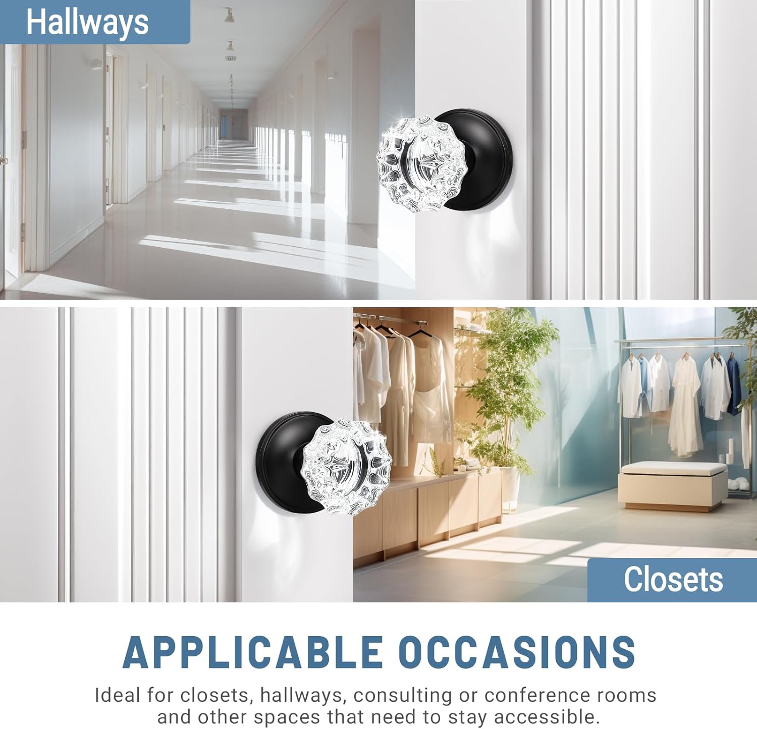 Antique Crystal Passage Glass Door Knobs Set for Hall and Closet - Matte Black Regency Fluted Design