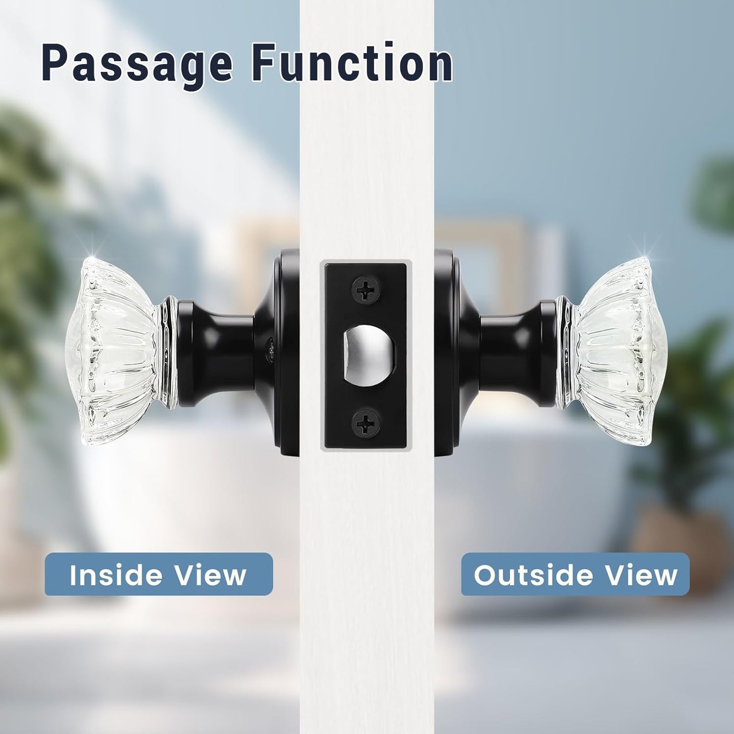 Antique Crystal Passage Glass Door Knobs Set for Hall and Closet - Matte Black Regency Fluted Design