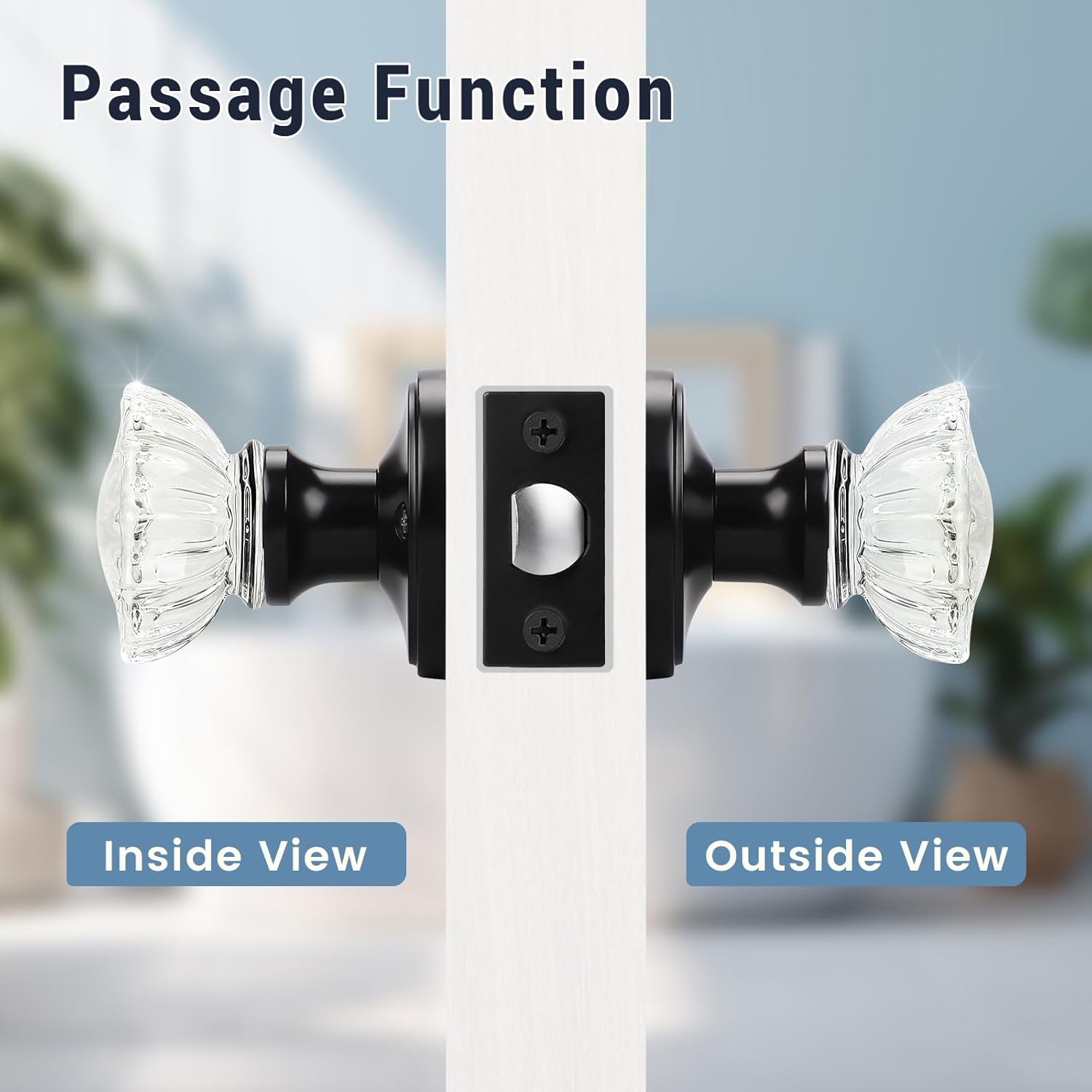 Antique Crystal Passage Glass Door Knobs Set for Hall and Closet - Matte Black Regency Fluted Design