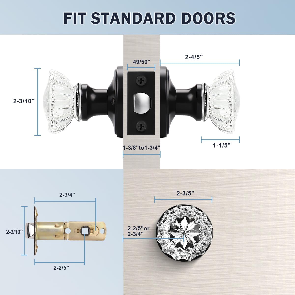 Antique Crystal Passage Glass Door Knobs Set for Hall and Closet - Matte Black Regency Fluted Design