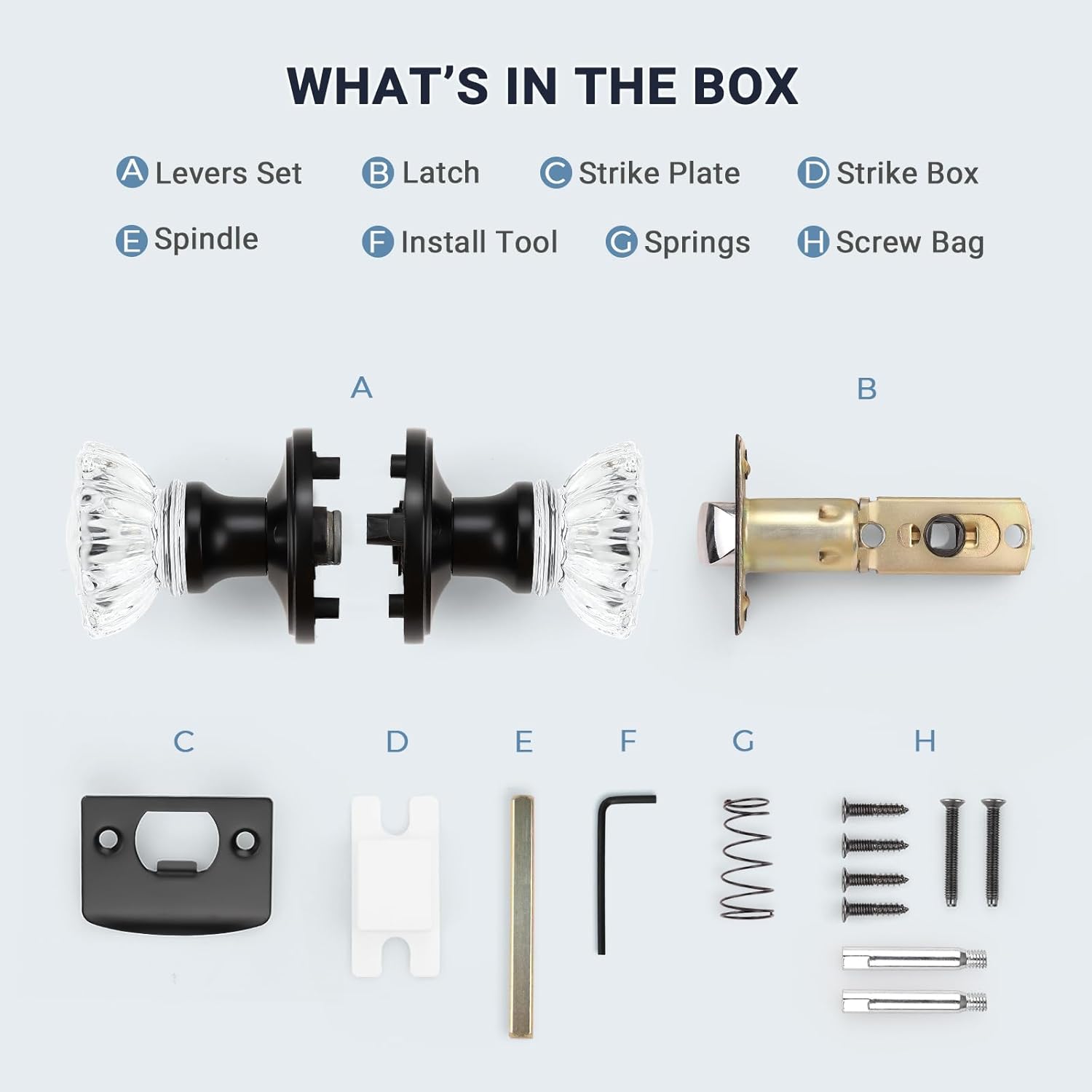 Antique Crystal Passage Glass Door Knobs Set for Hall and Closet - Matte Black Regency Fluted Design