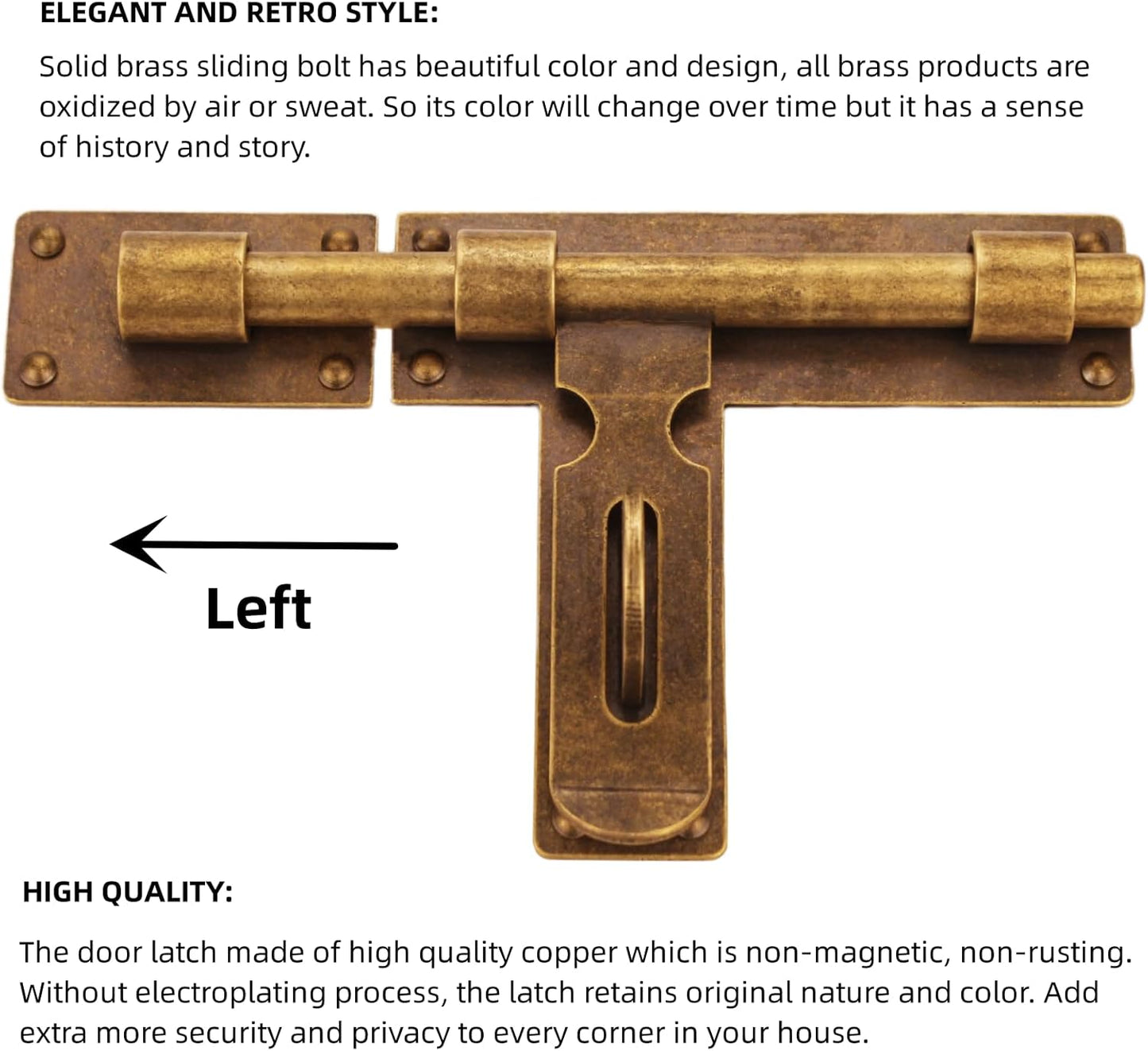Antique Heavy Duty Brass Slide Bolt Gate Latch with Padlock Hole - Left Opening