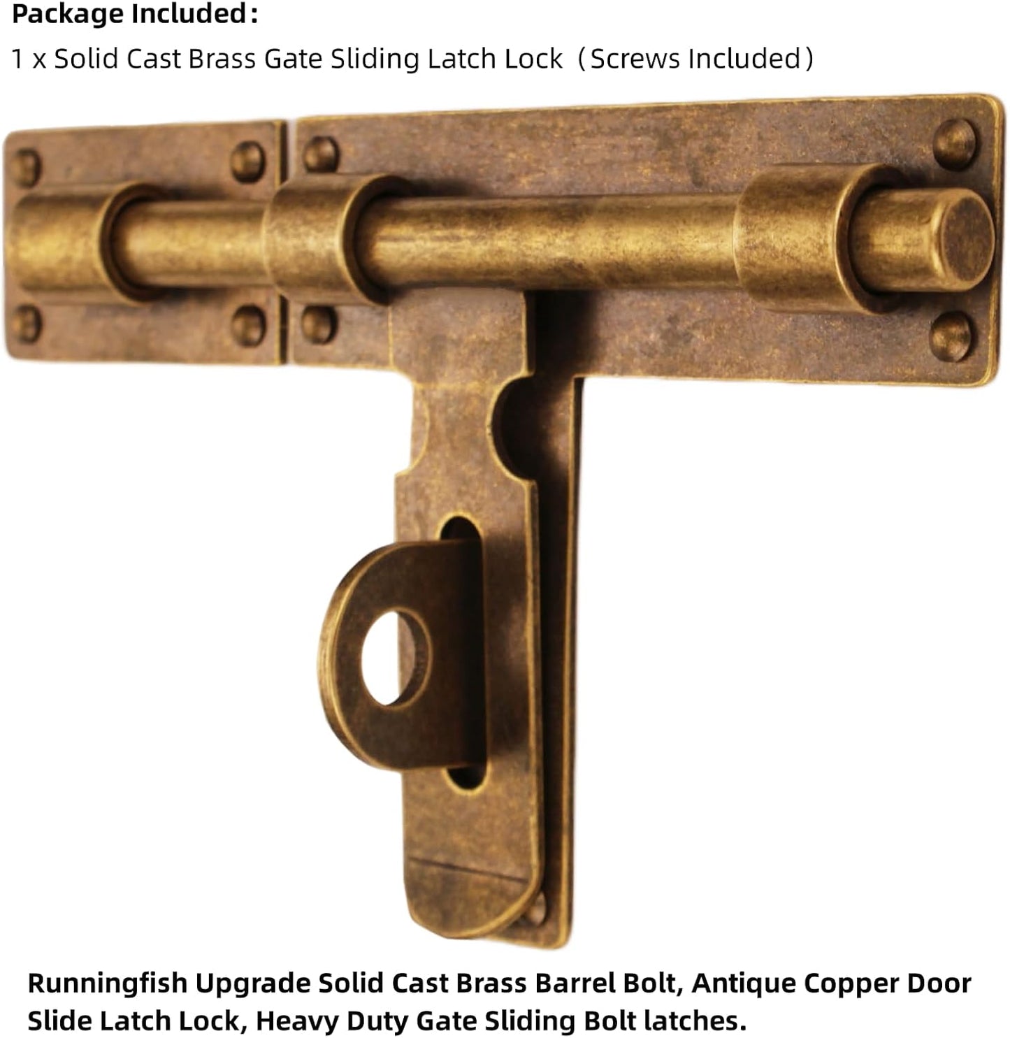 Antique Heavy Duty Brass Slide Bolt Gate Latch with Padlock Hole - Left Opening