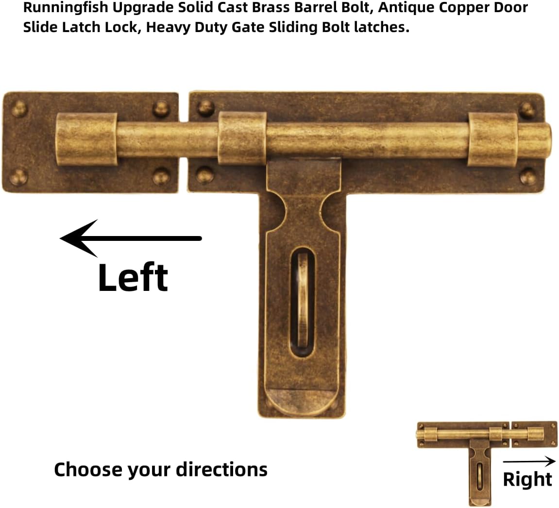 Antique Heavy Duty Brass Slide Bolt Gate Latch with Padlock Hole - Left Opening