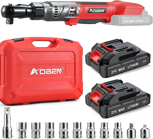 AOBEN 21V Cordless Ratchet Wrench Kit - Electric Power Ratchet with Variable Speed, Lithium-Ion Battery, Charger, Sockets, and Adaptors