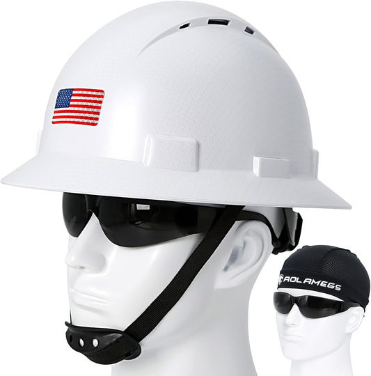 Aolamegs Carbon Fiber Full Brim Hard Hat with Safety Glasses, Liner, Chin Strap, and Sun Visor - OSHA Approved Construction Helmet for Men and Women