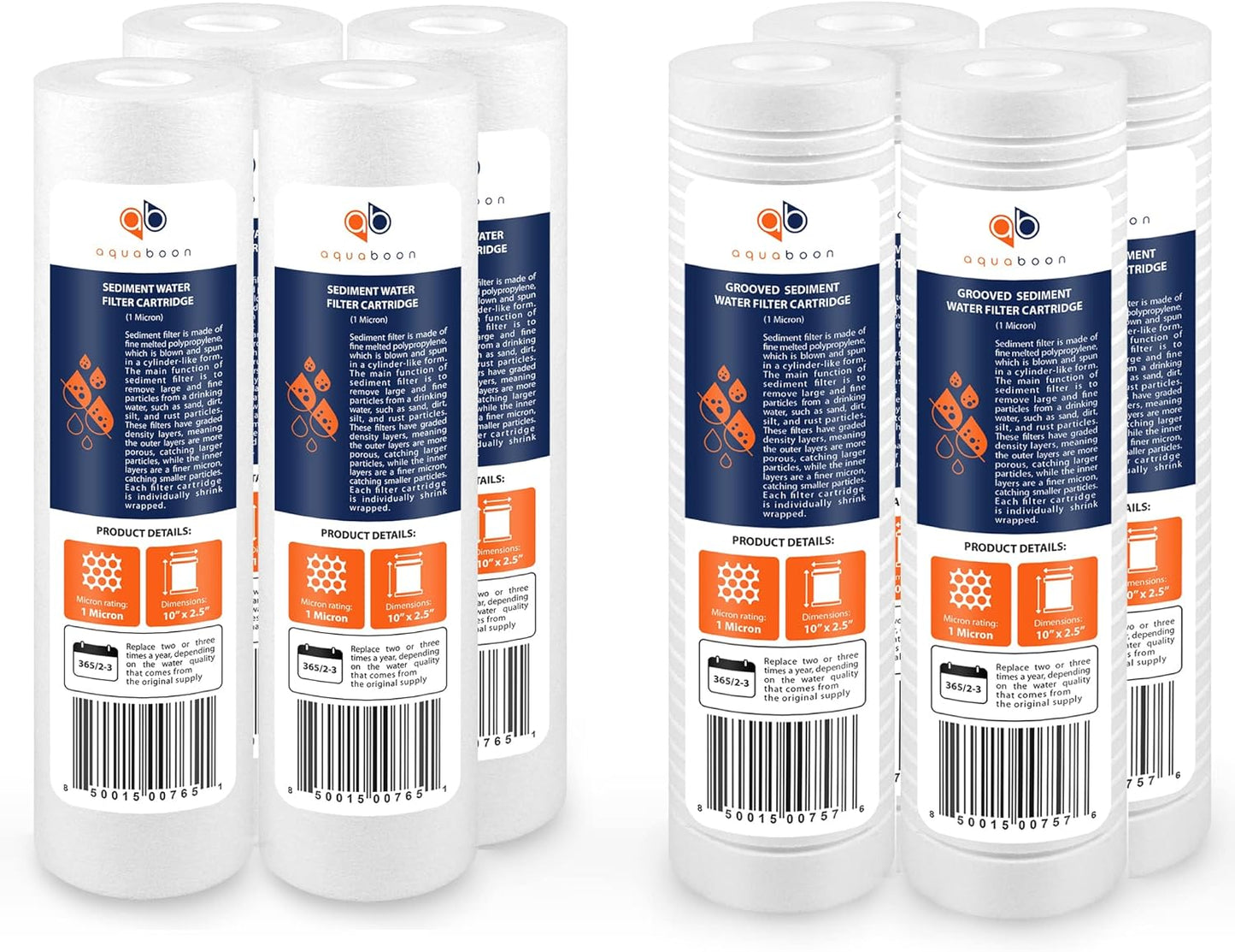 Aquaboon 8-Pack 1 Micron Sediment Water Filter Cartridge Set for Universal Whole House 10" x 2.5" Systems
