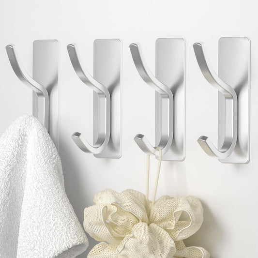 Arc Shaped Self Adhesive Wall Hooks - Ideal for Hanging Coats, Hats, Towels, and Robes in Bathroom, Bedroom, Living Room - Silver, 4 Pack