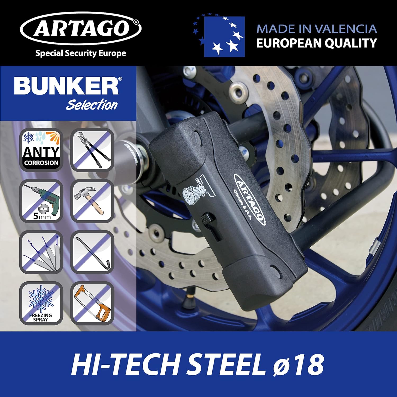 Artago 18ART270 High-End Motorcycle U Lock: SRA, Sold Secure Gold, ART4 Approved, Bunker Selection, 18mm, Double MRT Armored Lock, 85x245mm - Maximum Theft Security