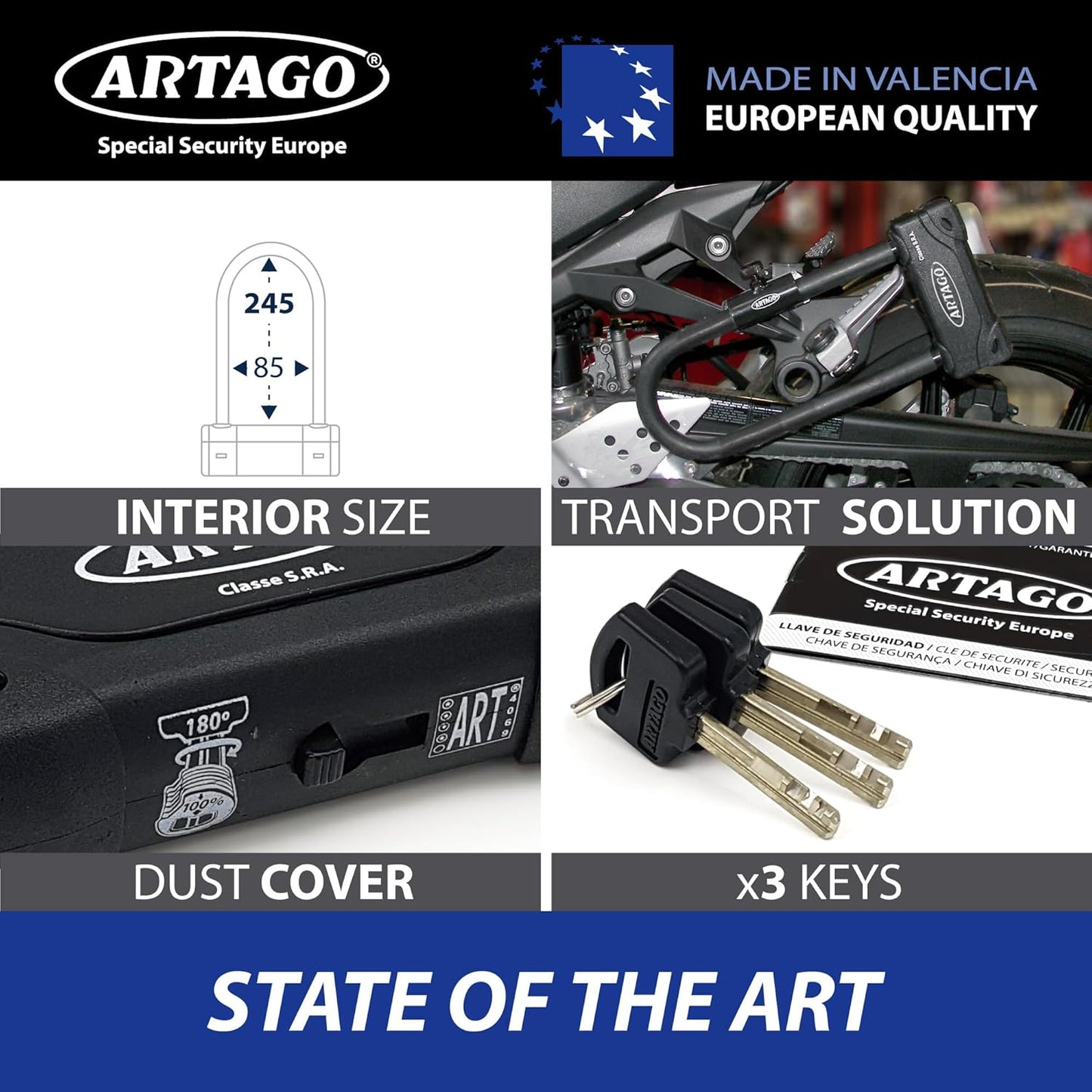 Artago 18ART270 High-End Motorcycle U Lock: SRA, Sold Secure Gold, ART4 Approved, Bunker Selection, 18mm, Double MRT Armored Lock, 85x245mm - Maximum Theft Security