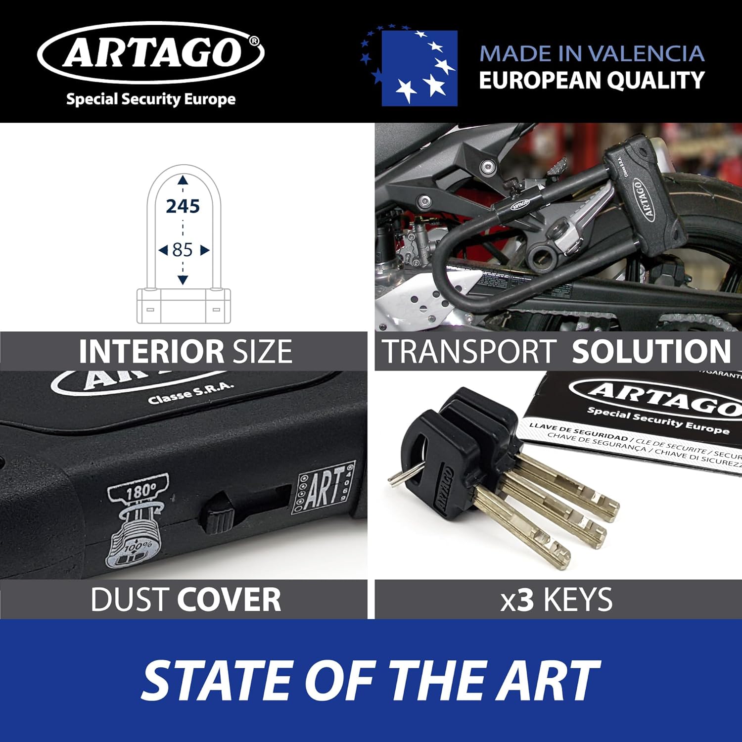 Artago 18ART270 High-End Motorcycle U Lock: SRA, Sold Secure Gold, ART4 Approved, Bunker Selection, 18mm, Double MRT Armored Lock, 85x245mm - Maximum Theft Security